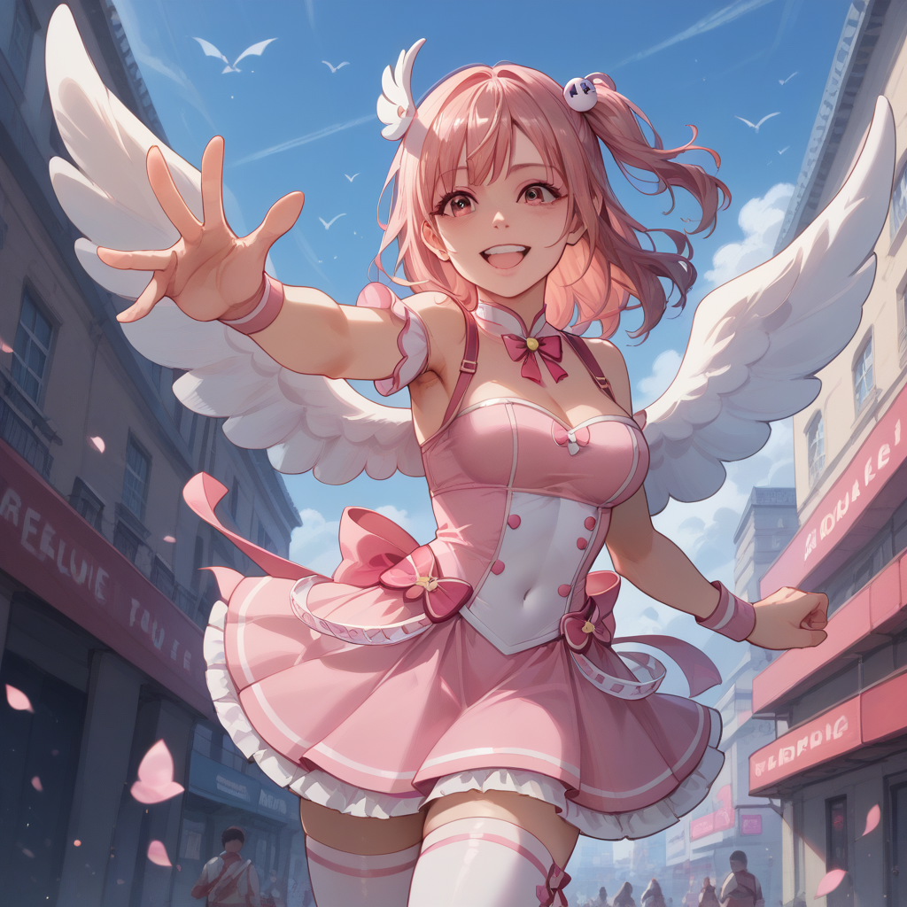 score_9, score_8_up, score_7_up, score_6_up, score_5_up, sourse_anime,   zPDXL,  rating_ safe BREAK,
solo, 1girl,  <lora:ponyRealistic_v1-gamma:-0.4>
 <lora:doahonoka:1>, honoka, one side up, pink hair, honokaforce, pink boot, pink skirt, wings, navel, white thighhigh, in city,  smile,  happy, hands reaching out, indicating a desire for connection, <lora:add-detail-xl:1> <lora:detail_eyes:0.5>