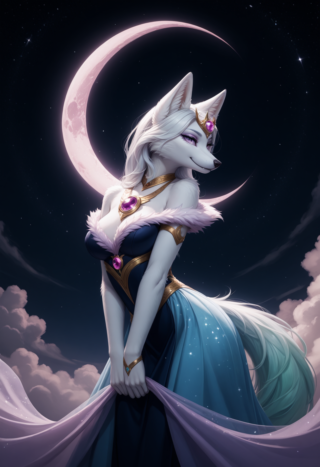 score_9, score_8_up, score_7_up, score_6_up, score_5_up, FurFemX, furry, 1girl, fox, rainbow fur:1.2, side view, epic moment, glowing crescent, moonlit sky, mystical mist, celestial alignment, enchanted amulet, soft pastel tones, ethereal glow, delicate silk robes, floating gracefully, serene atmosphere, cosmic harmony, divine presence, dreamlike aura