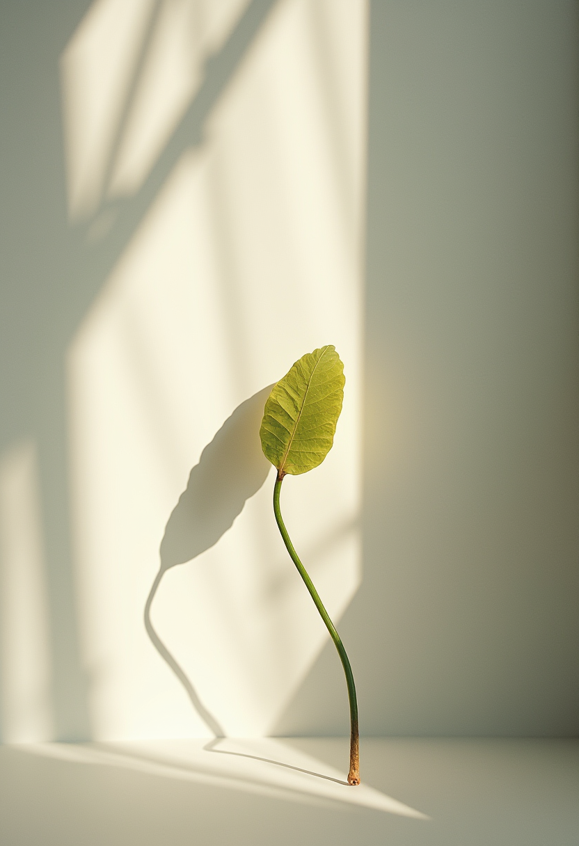 The image depicts an ethereal scene of shadows and light, capturing the essence of artful simplicity. The composition features a single object, possibly a leaf or flower, delicately placed against a neutral density background that allows the light to naturally filter through. The use of large format photography with Neutral Density Filters and natural lighting evokes the mood of a renaissance botanical illustration, creating an immersive and contemplative experience for the viewer. ,
