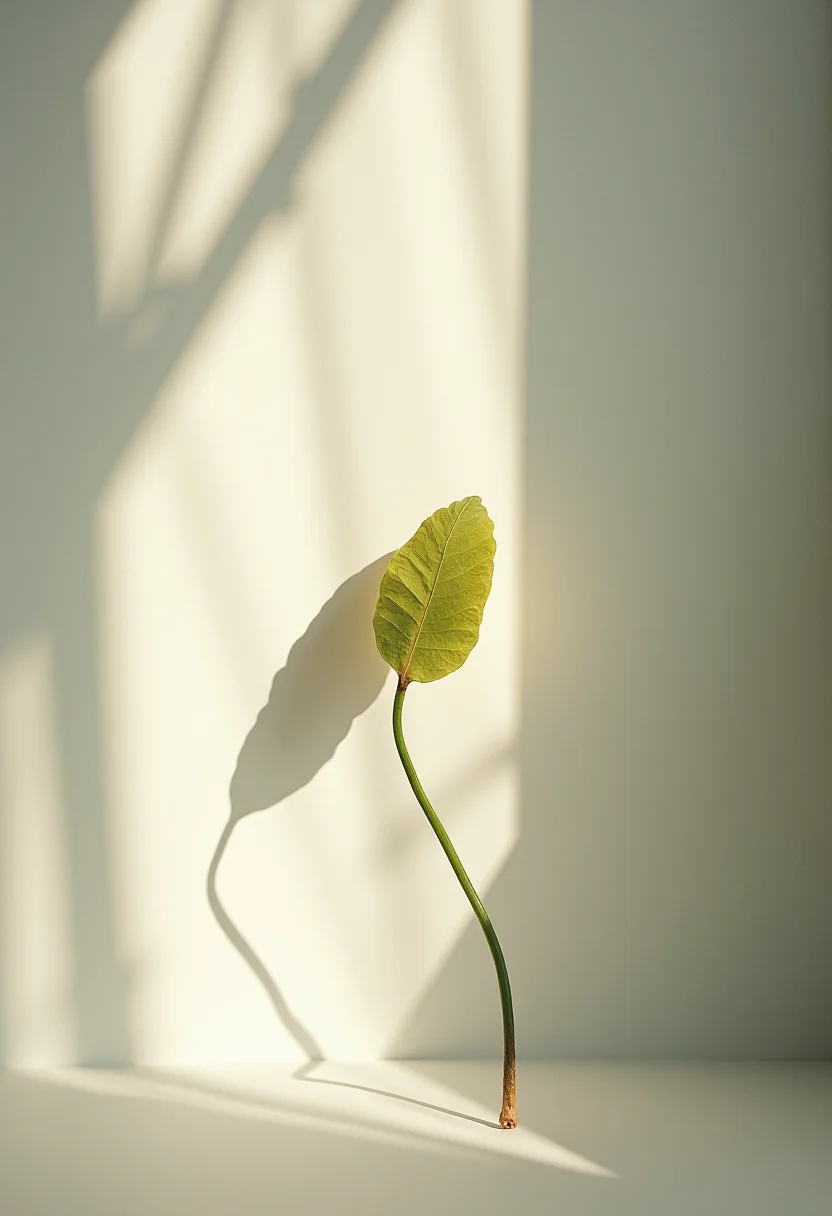 The image depicts an ethereal scene of shadows and light, capturing the essence of artful simplicity. The composition features a single object, possibly a leaf or flower, delicately placed against a neutral density background that allows the light to naturally filter through. The use of large format photography with Neutral Density Filters and natural lighting evokes the mood of a renaissance botanical illustration, creating an immersive and contemplative experience for the viewer. ,