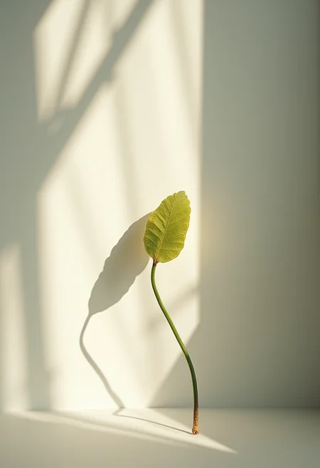 The image depicts an ethereal scene of shadows and light, capturing the essence of artful simplicity. The composition features a single object, possibly a leaf or flower, delicately placed against a neutral density background that allows the light to naturally filter through. The use of large format photography with Neutral Density Filters and natural lighting evokes the mood of a renaissance botanical illustration, creating an immersive and contemplative experience for the viewer. ,