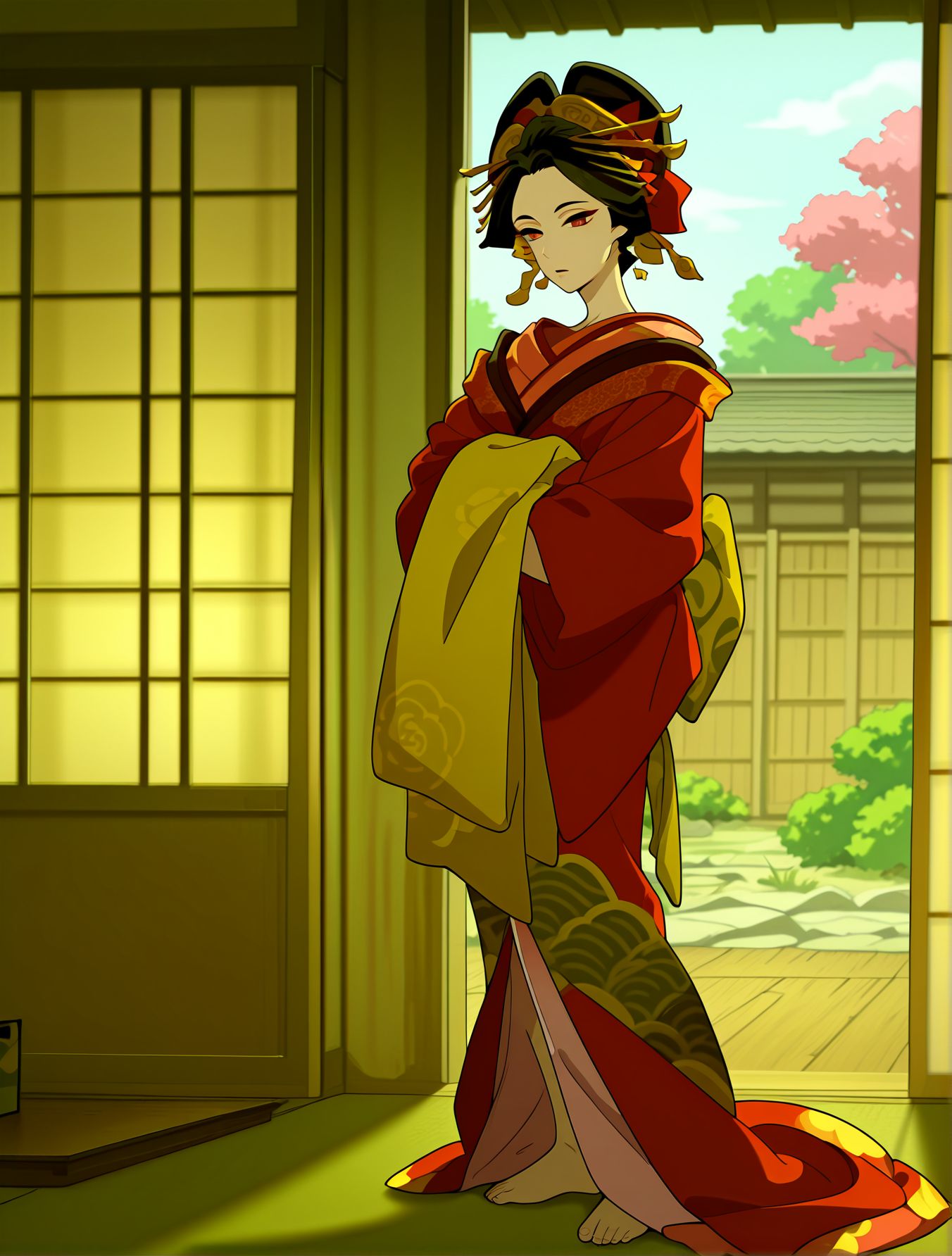masterpiece,best quality,newest,absurdres,highres,detailed eyes,beautiful,detailed background,perfect eyes,anime coloring,anime screencap,
<lora:Miss_HOKUSAI:1>sarusubeniV1,
kimono,japanese clothes,
kanzashi,1girl,barefoot,
hair ornament,black hair,
sash,hair stick,m_sayogoromo,oiran,
standing,