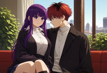 score_9, score_8_up, score_7_up, score_6_up, anime, big eyes,1girl, 18yo girl, 1boy,
detailed face, beautiful face, detailed hands, beautiful hands, 
((1boy stark_sousou_no_frieren red hair, dark red eye,school uniform white shirt, navy pants))
break
((1girl,fern \(sousou no frieren\), large breasts, long hair, purple hair, half updo, blunt bangs, purple eyes,
Thick thigh, front view, knee shot, small mouth, huge breasts, white shirt, navy skirt, oversized cardigan, loose cardigan, open cardigan, navy cardigan, overknee socks,, exposing white panty, close shirt)),
break
fern purple hair and start red hair, 
cafe, window, cityscape, plant, background frieren,fern sit down, on stark's rap, attention stance, knee shot, (close up:1.2), looking each other, smile,