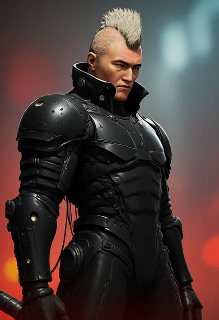 civitametapunk, portrait shot from side, detailed face of a horrifying black knight all dressed in black armor, he has a spiky design or mohawk on the top of his head and the sides of his hairstyle is short and neat, blonde hair, light skin, obsidian black armor, looking at viewer with angry expression , holding a glowing ghostly scythe, menacing, atmospheric haze, a cyberpunk metropolis on background , MythP0rt <lora:artilands:0.8>, Leather Brown hue and vibrant Midnight red tint , cyberpunk, anime, perfection style