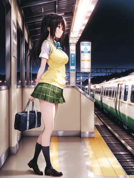 masterpiece,best quality,newest,
1girl,solo,
<lora:kotegawa_yui_ilxl_v1.3>,yui,black hair,long hair,orange eyes,y_clothes,short sleeve blouse,sweater vest,green plaid skirt,black socks,loafers,
<lora:Fixhands_anime_bdsqlsz_V1:1>,full body,night,train station,profile,looking_away,school_bag,holding_bag,