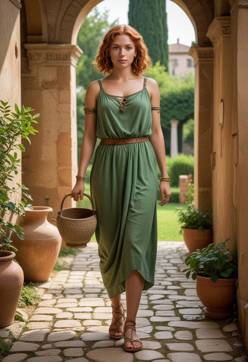 (medium full shot) of (radiant young woman from the ancient roman era), spanish, tan skin, hazel eyes, voluptuous build, extra long ginger bob hair, wearing a green stola with shoulder straps , strappy sandals, armband, carrying a clay amphora,  set in ancient rome,  an opulent Roman villa, with lush gardens, frescoed walls, and elegant furnishings, woman smiling, Masterpiece,best quality, photo, realistic, very aesthetic, detailed face,
