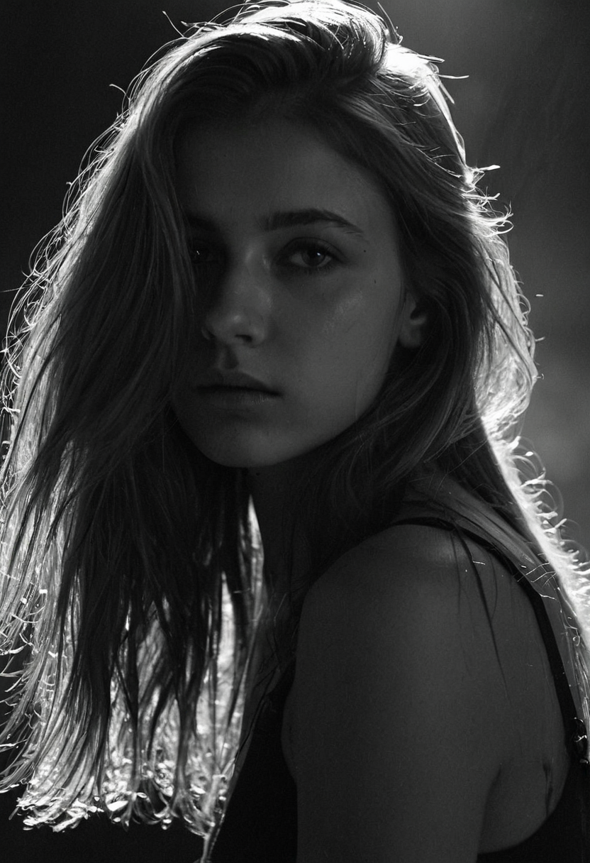 Black and white photo in the style of Alessio Albi, 20 year old beautiful stunning woman, dark blond hair falling down over her shoulders, highlights in her hair, closeup, cinematic composition, cinematic lighting  intense shadow play, bleak, post-apocalyptic, somber, dramatic, highly detailed, bokeh
