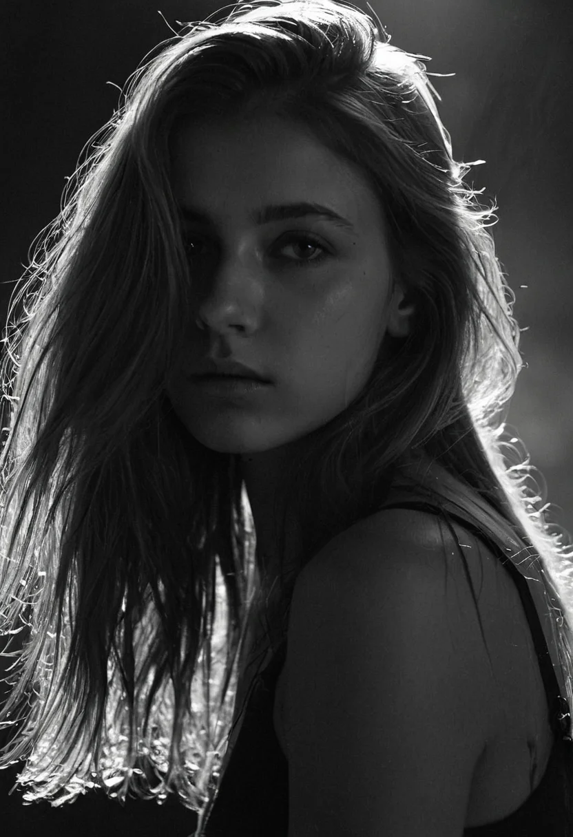 Black and white photo in the style of Alessio Albi, 20 year old beautiful stunning woman, dark blond hair falling down over her shoulders, highlights in her hair, closeup, cinematic composition, cinematic lighting intense shadow play, bleak, post-apocalyptic, somber, dramatic, highly detailed, bokeh