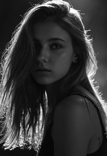 Black and white photo in the style of Alessio Albi, 20 year old beautiful stunning woman, dark blond hair falling down over her shoulders, highlights in her hair, closeup, cinematic composition, cinematic lighting  intense shadow play, bleak, post-apocalyptic, somber, dramatic, highly detailed, bokeh