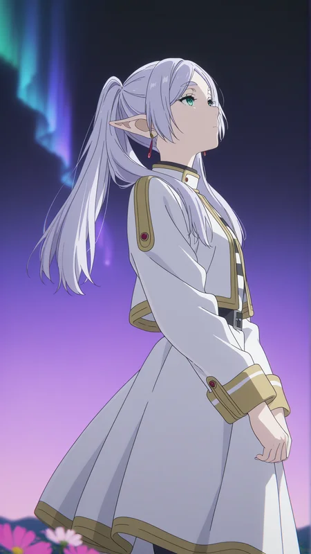 highres, hi res, best quality, masterpiece, 2d, intricate details, 4k, anime coloring, countershading,
1girl, solo, female, eyelashes, nose, white hair, silver hair, pointy ears, twintails, parted bangs, long hair, green eyes, frieren,
cowboy shot, looking up, looking at another,
sky, night, night sky, northern lights, aurora, cosmos, no humans, gradient sky, purple sky, black sky,
<lora:kyoto_animation_ILXL:1>, kyoto animation,