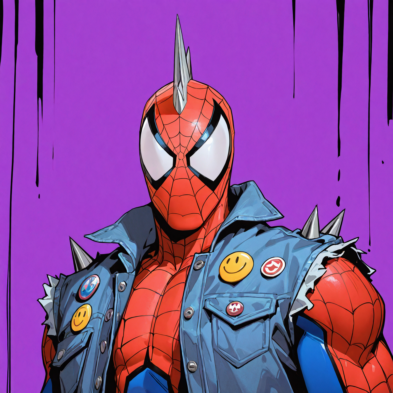 <lora:SPIDERPUNK:1>spiderpunk, solo, looking at viewer, simple background, 1boy, jacket, upper body, male focus, open clothes, horns, artist name, vest, buttons, mask, bodysuit, spikes, single horn, purple background, pocket, logo, badge, sleeveless jacket, superhero, red bodysuit, blue bodysuit, button badge, spider web print, shoulder spikes, smiley face, tokusatsu, two-tone bodysuit, denim jacket, twitter username, open jacket, emblem, detailed background, motion blur, film grain, abstract, natural lighting, fantasy, cinematic, dynamic view, very awa, masterpiece, best quality, absurdres, newest, perfect quality, detailed background, intricate details, (artist:fl \(l-fl\):0.7), (artist:tooboshoo:0.7), (artist:dizdoodz:0.8)    <lora:bulge:1> bulge