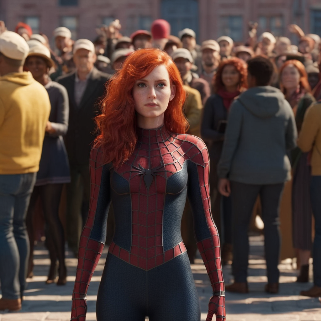 professional 3d model of  <lora:Spider-Man:1.2>
Spider-Man a woman with red hair and a hat is standing in front of a crowd, octane render, highly detailed, volumetric, dramatic lighting