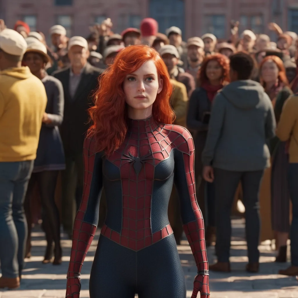 professional 3d model of <lora:Spider-Man:1.2>
Spider-Man a woman with red hair and a hat is standing in front of a crowd, octane render, highly detailed, volumetric, dramatic lighting