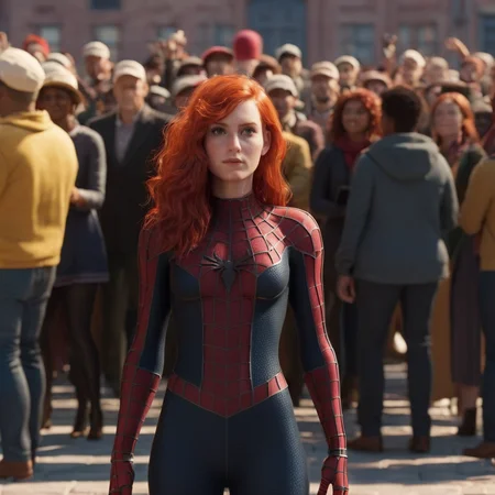 professional 3d model of <lora:Spider-Man:1.2>
Spider-Man a woman with red hair and a hat is standing in front of a crowd, octane render, highly detailed, volumetric, dramatic lighting