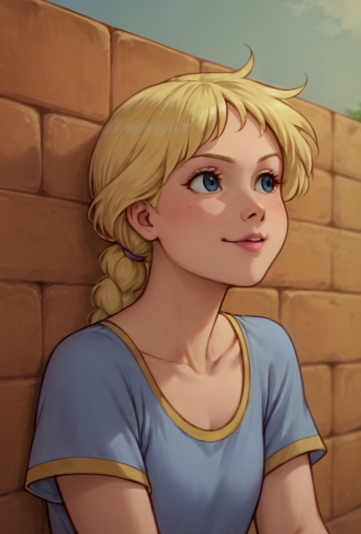 score_9, score_8_up, score_7_up, score_6_up, source_anime, highly detailed, Calla, Casual Calla, a cartoon image of a blonde haired girl sitting in front of a brick wall with her mouth open, <lora:Gummi bears Beta:0.9>