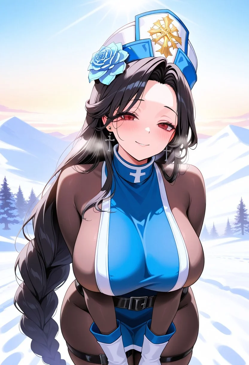 masterpiece,amazing quality,best quality,detailed background, ultra-detailed, detailed face, detailed eyes, (uncensored), mdnicr, red eyes, black hair, very long hair, braided ponytail, large breasts, blue flower, hair flower, mitre, hat, cross earrings, blue tabard, sideboob, bodystocking, black belt, white gloves, thigh strap, white knee boots, snow, snow mountain on background, winter, sunlight, visible breath, cold, front view, looking at viewer, smile, blush