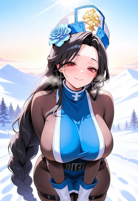 masterpiece,amazing quality,best quality,detailed background, ultra-detailed, detailed face, detailed eyes, (uncensored), mdnicr, red eyes, black hair, very long hair, braided ponytail, large breasts, blue flower, hair flower, mitre, hat, cross earrings, blue tabard, sideboob, bodystocking, black belt, white gloves, thigh strap, white knee boots, snow, snow mountain on background, winter, sunlight, visible breath, cold, front view, looking at viewer, smile, blush
