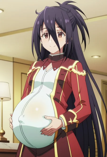best quality, masterpiece, 4k, perfect lighting, very aesthetic, anime, anime coloring, official art, anime screencap, bedroom, happy, smile, hands on belly,
(large pregnant belly:1.5)
ZeshiaKanon, military uniform,
(covered belly:1.5), (pregnancy clothes:1.5)