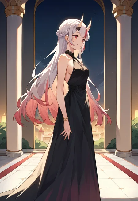 score_9, score_8_up, score_7_up, source_anime, 1girl, solo, NakiriAyame, oni horns, long hair, elegant, long dress, black dress, halterneck, smile, indoors, palace, jewelry, standing, <lora:CHAR-NakiriAyamePonyXL:1>