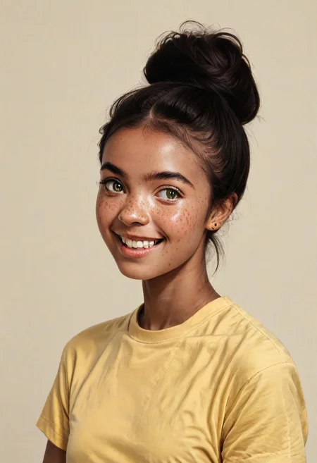 score_9, score_8_up
BREAK
1girl, (dark skin:0.4), prettyface, Manic Pixie, dark hair, hairbun, freckles, cute smile, yellow t-shirt, friendly, seductive, (girl next door:1.5), teeth visible
BREAK
FOV medium shot, simple background