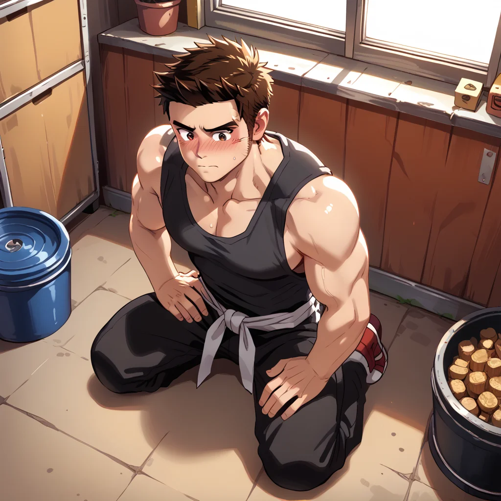 score_9, score_8_up, score_7_up, source_anime, masterpiece, best quality <lora:raeyr:1>raeyr, 1boy, oldraeyr, long sideburns hair, muscular, , high angle, Kneeling with one hand on the hip, full-face blush, shy,   averting eyes, embarrassed, timid,, in a garage, indoors, dust,,