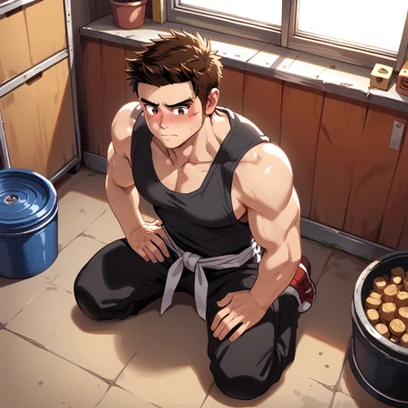 score_9, score_8_up, score_7_up, source_anime, masterpiece, best quality <lora:raeyr:1>raeyr, 1boy, oldraeyr, long sideburns hair, muscular, , high angle, Kneeling with one hand on the hip, full-face blush, shy,   averting eyes, embarrassed, timid,, in a garage, indoors, dust,,