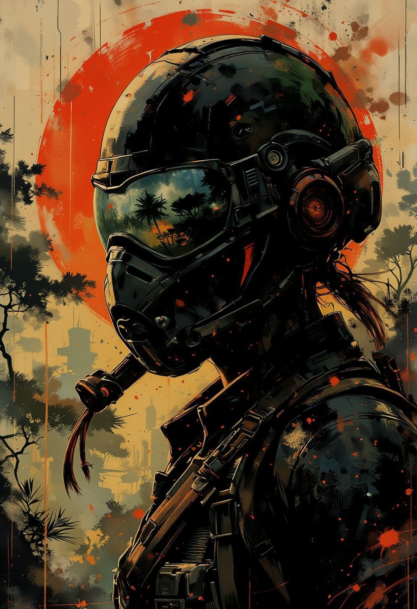 in the style of ck-mgs, nistyle, A dinkfsn style ink wash painting, on rice paper, sepia, henna , Silhouette Art, magnificent, closeup portrait of stunning japanese female sc-fi soldier, helmet, mirrored visor reflecting jungle environment