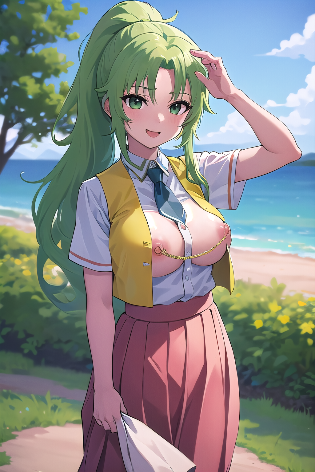 masterpiece, best quality, ultra-high-detailed, 1girl,  nipple chain, Mion Sonozaki, green hair, green eyes, ponytail,  white shirt, yellow vest, red skirt,