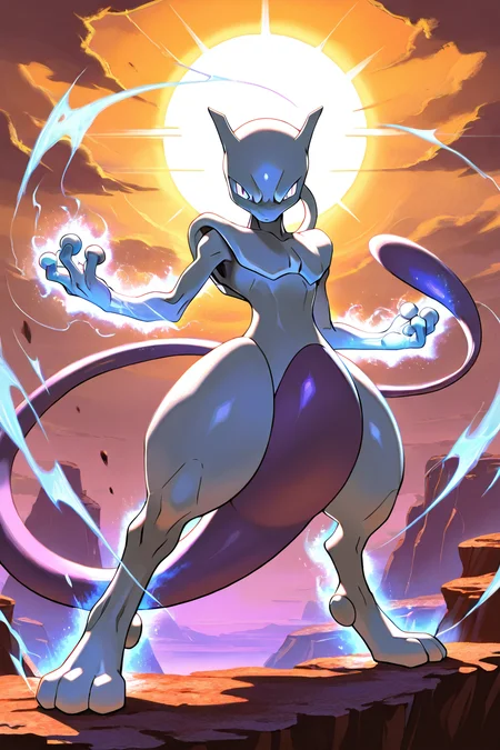 masterpiece, best quality, <lora:MewtwoPokedexIXL:1.0>, zzMewtwo, solo, no humans, standing on a rocky cliff, intense battle stance, glowing blue and purple psychic aura, rival pokemon in the distance, glowing horizon, cinematic sunset, swirling wind, dramatic lighting, epic confrontation, powerful and majestic