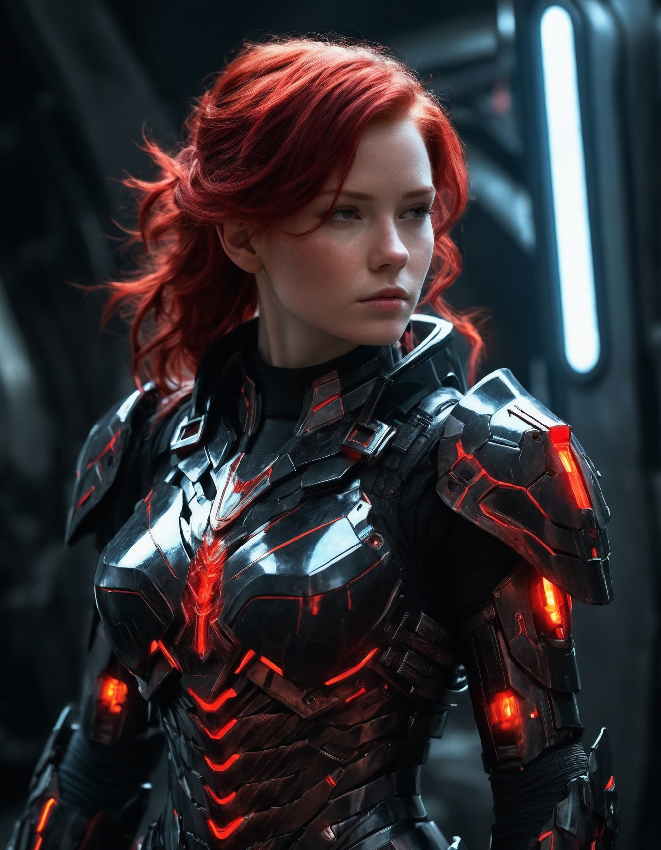 masterpiece, best quality, 1girl, sci-fi armor with black and red colors, glowing elements, redhair