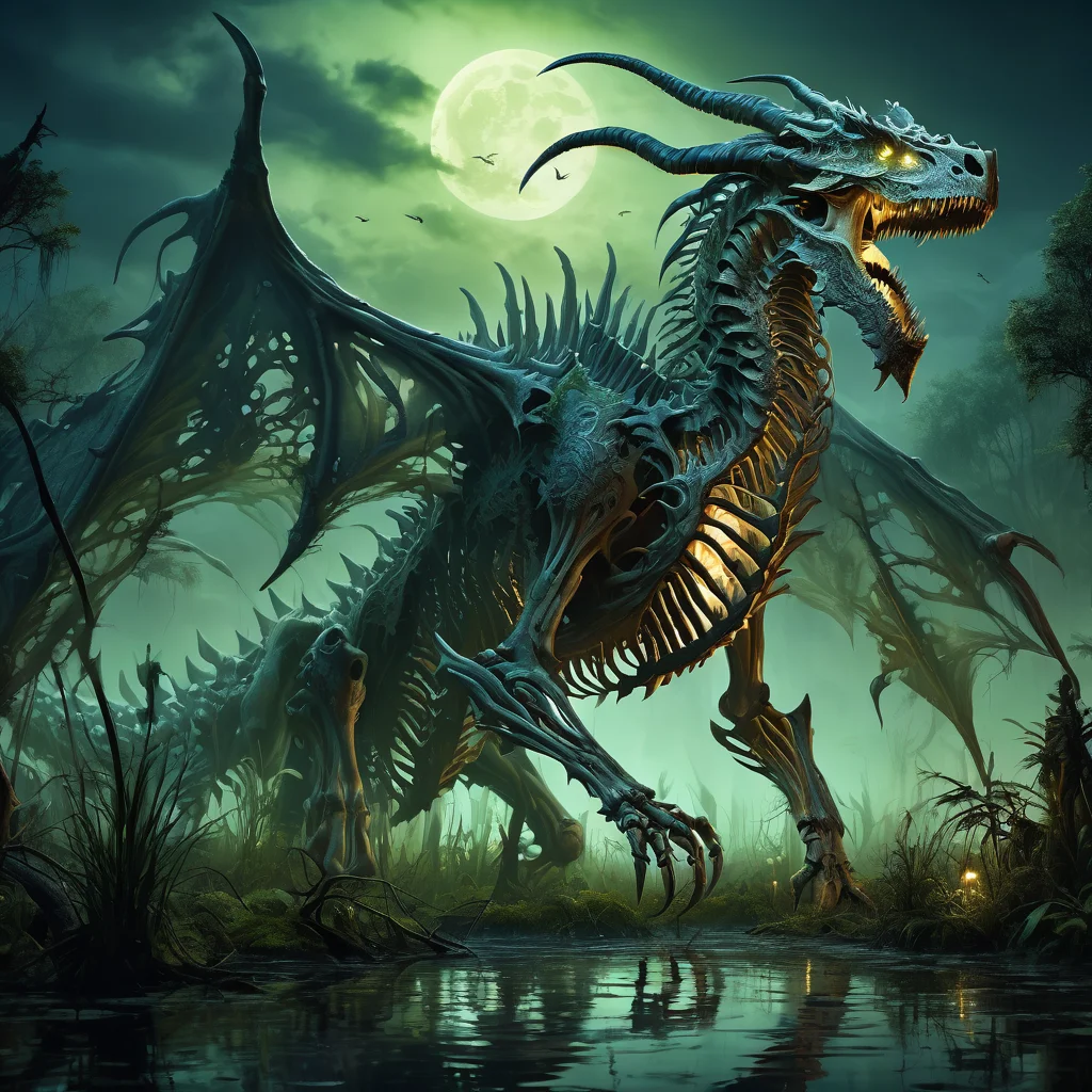 bone dragon in a swamp at night
<lora:Classic Western Dragons XL:0.8>, (masterpiece), best quality, highres, 4k, 8k, Detailed Illustration, intricate detail, cinematic lighting, amazing quality, 1girl, fit female, amazing shading, soft lighting, facing camera, perfect eyes