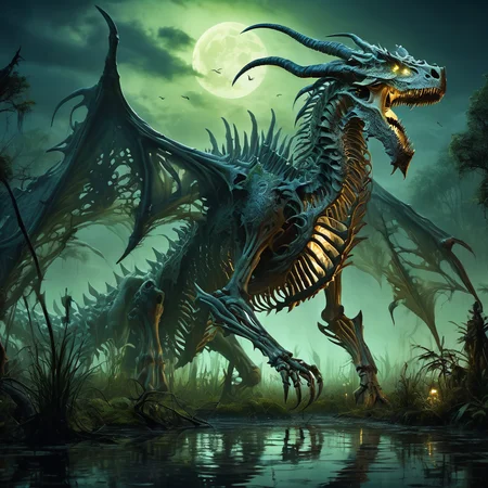 bone dragon in a swamp at night
<lora:Classic Western Dragons XL:0.8>, (masterpiece),  best quality, highres, 4k, 8k, Detailed Illustration, intricate detail, cinematic lighting, amazing quality, 1girl, fit female, amazing shading, soft lighting, facing camera, perfect eyes