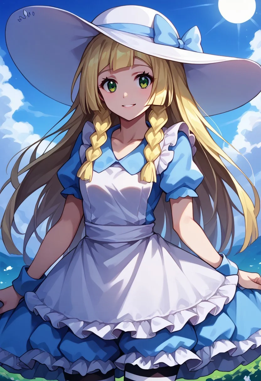 score_9, score_8_up, score_7_up, source_anime, zzlillie, long hair, braid, sun hat, white headwear, collarbone, smile <lora:alice-cosplay-ponyxl-lora-nochekaiser:1>, alicecosplay alice \(alice in wonderland\) \(cosplay\), apron, black pantyhose, bloomers, blue dress, bow, dress, frilled apron, frilled dress, frills, puffy short sleeves, puffy sleeves, striped clothes, striped pantyhose, white apron, white bloomers, white pantyhose, wrist cuffs, cowboy shot, Dutch angle, looking at viewer