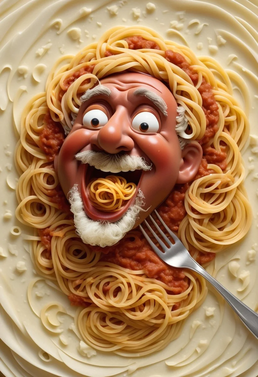 Portrait of an Opera-Singing Spaghetti Meatball, Satin Texture with Swirling Pasta Gold, Marinara Red, and Parmesan White, Eyes Dramatically Closed in Song, Surrounded by Floating Parmesan Clouds and a Fork Baton, Glossy Finish, Creating an Over-the-Top Culinary Concert of Pasta and Passion
