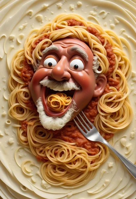 Portrait of an Opera-Singing Spaghetti Meatball, Satin Texture with Swirling Pasta Gold, Marinara Red, and Parmesan White, Eyes Dramatically Closed in Song, Surrounded by Floating Parmesan Clouds and a Fork Baton, Glossy Finish, Creating an Over-the-Top Culinary Concert of Pasta and Passion