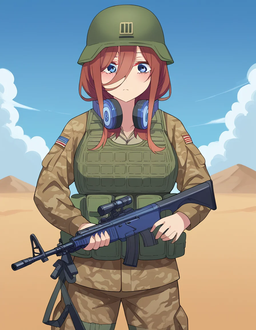 score_9, score_8_up, score_7_up, source_anime, <lora:miku-nakano-s2-ponyxl-lora-nochekaiser:1>, miku nakano, long hair, bangs, blue eyes, brown hair, hair between eyes, headphones, headphones around neck, large breasts,, <lora:military-combat-uniform-ponyxl-lora-nochekaiser:1> military combat uniform, camouflage jacket, camouflage, load bearing best, camouflage pants, soldier, bulletproof vest, combat helmet, assault rifle, rifle,, desert, sun, blue sky,, cowboy shot,