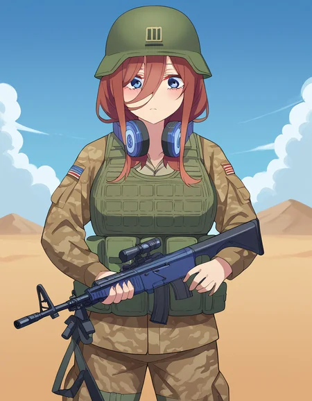 score_9, score_8_up, score_7_up, source_anime, <lora:miku-nakano-s2-ponyxl-lora-nochekaiser:1>, miku nakano, long hair, bangs, blue eyes, brown hair, hair between eyes, headphones, headphones around neck, large breasts,, <lora:military-combat-uniform-ponyxl-lora-nochekaiser:1> military combat uniform, camouflage jacket, camouflage, load bearing best, camouflage pants, soldier, bulletproof vest, combat helmet, assault rifle, rifle,, desert, sun, blue sky,, cowboy shot,