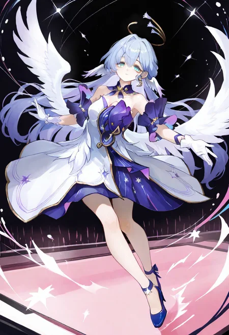 volumetric lighting, ambient occlusion, luminescent background, masterpiece, very awa, simple background,dynamic pose, cinematic shot, idol, stars
BREAK
robin \(honkai: star rail\),sleeveless dress, halo, white gloves, earrings, detached sleeves, detached collar, head wings, blue pumps, angel, angel wings