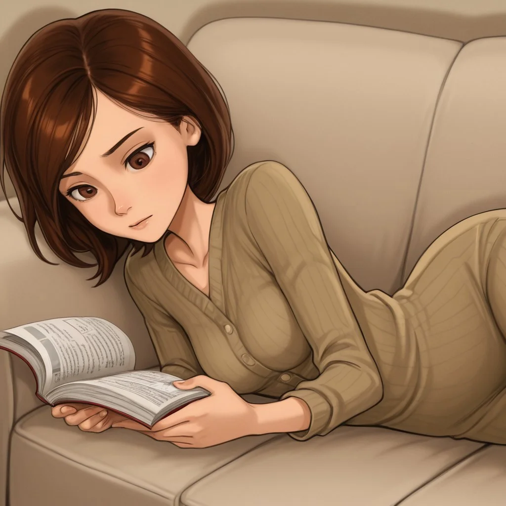 helen, 1girl, solo, brown hair, brown eyes
Helen lying on a sofa while reading
