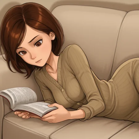 helen, 1girl, solo, brown hair, brown eyes
Helen lying on a sofa while reading