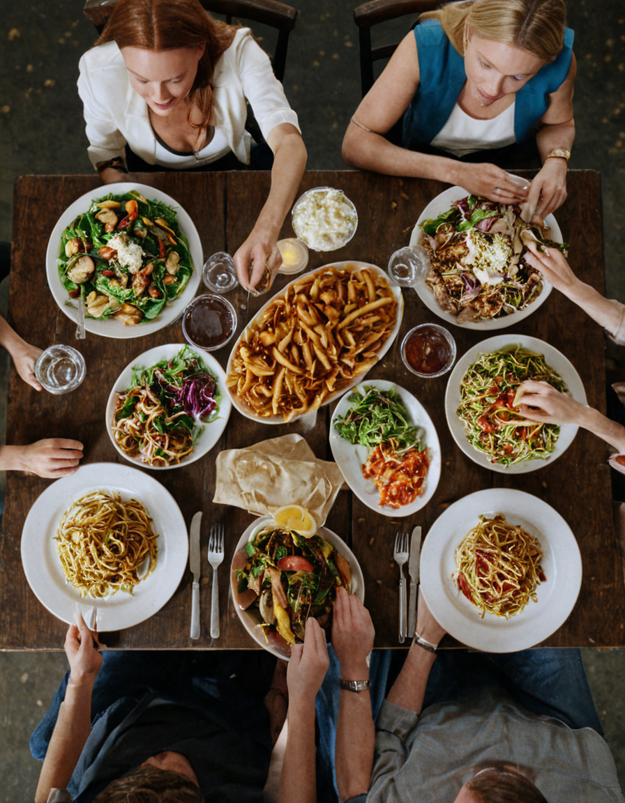 Skin Textures, High Resolution, High-Resolution Image, Cinematic, foodlora, 4 people sitting at a table full of food