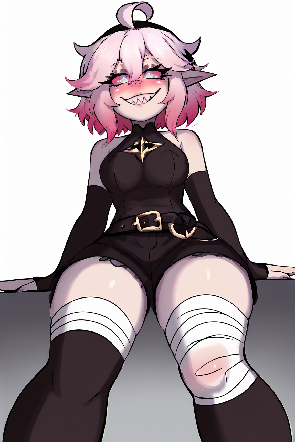score_9, score_8_up, score_7_up, score_6_up, BREAK, BriarLoLXLv2, grey skin, colored skin, no pupils, grey eyes, pink sclera, white hair, pink hair, two-tone hair, gradient hair, short hair, hair between eyes, ahoge, pointy ears, sharp teeth, medium breasts, bare shoulders, black thight dress, detached sleeves, black bandaged sleeves, black shorts, belt, (black bandaged legwear), toeless legwear, sitting, ((bellow view)), looking at viewer, seductive smile, naughty face, nose blush, white background, simple background  <lora:BriarLoLXLv2:0.8>, DustyDustStylePXL <lora:DustyDustStylePXL:1>