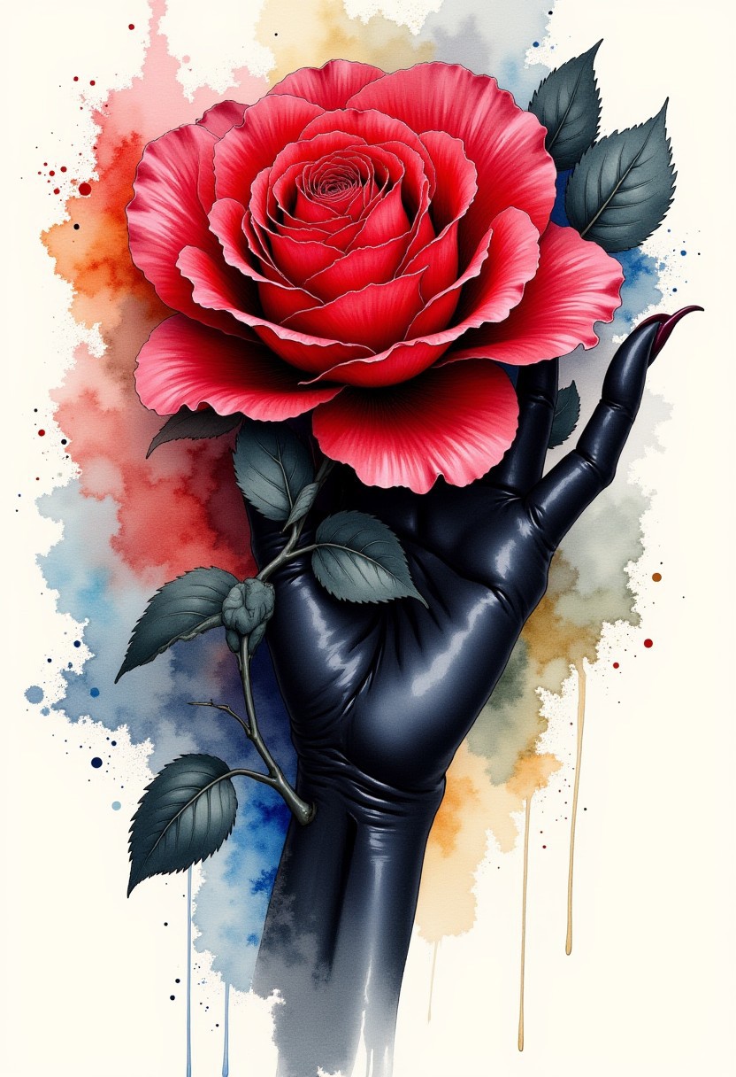Watercolorsketch style. A vibrant watercolor illustration featuring a hand in a black glowe elegantly holding a beautiful red rose, abstract background