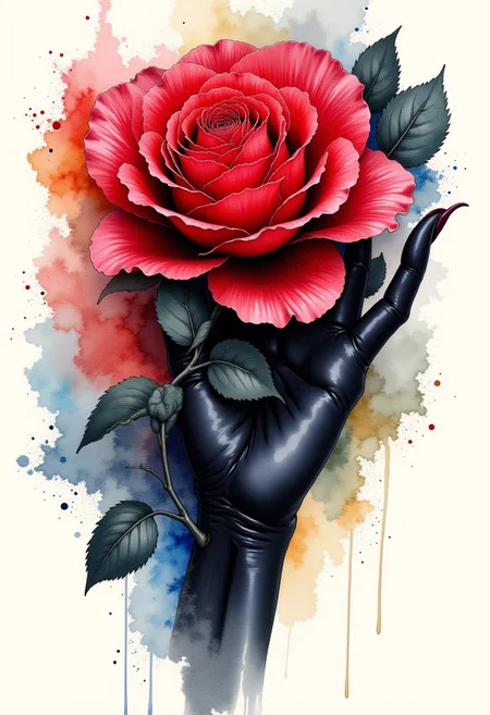 Watercolorsketch style. A vibrant watercolor illustration featuring a hand in a black glowe elegantly holding a beautiful red rose, abstract background