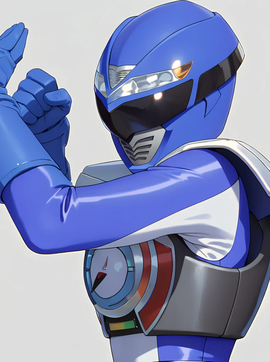 masterpiece, best quality, amazing quality, very aesthetic, absurdres, newest, anime screenshot, anime coloring, <lora:GoGo_Sentai_Boukenger_CharacterPack:1>tectoblue, robot, solo, tectblu helmet, tectblu armor, tectblu bodysuit, tectblu belt, tectblu gloves,simple background, fighting stance, white background, upper body, looking at viewer,
