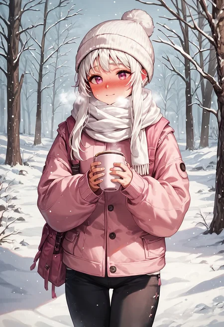 rinotuna, score_9, score_8_up, score_7_up, score_6_up, score_5_up, 1girl, white hair, short hair with long locks, pink eyes, pink jacket, black pants, white beanie, white scarf, cold, breath, nose blush, outdoors, snow, holding steaming hot cocoa, snowing, nature, snow covered tree, masterpiece, best quality