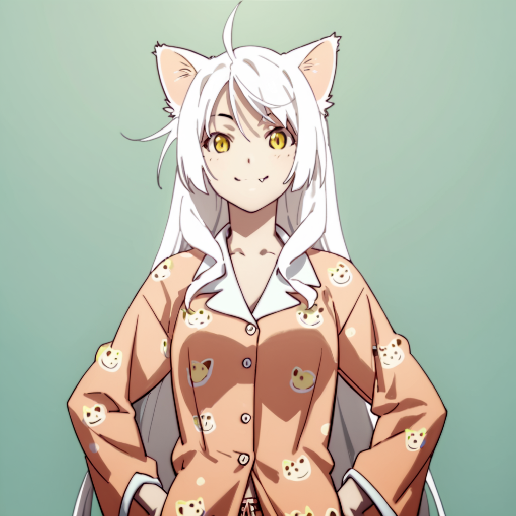 score_9, score_8_up, score_7_up, score_6_up, score_5_up, score_4_up, source_anime, , Hanekawa, long hair, yellow eyes, white hair, fang, cat ears, cat girl, pajamas, , soft smile, standing, hands on hips