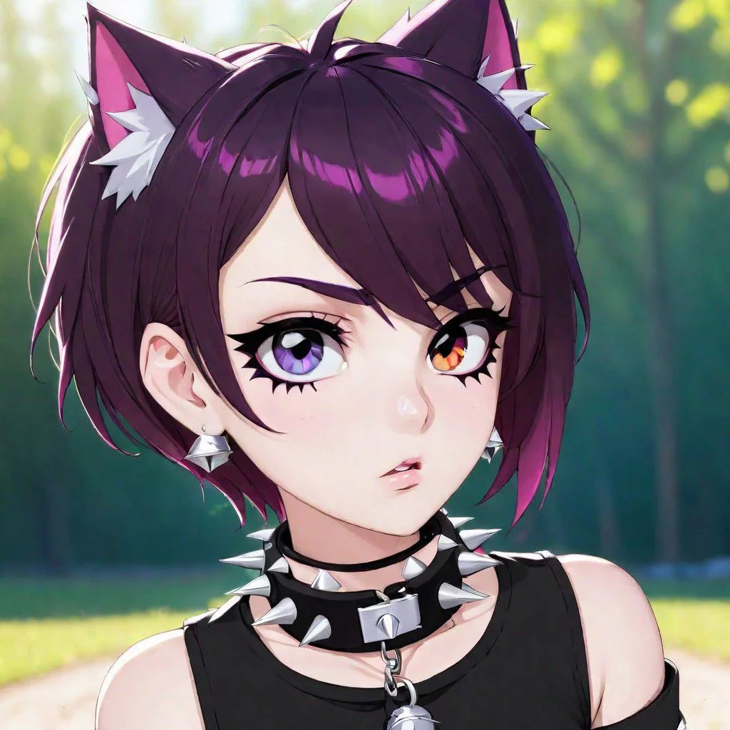 totless,1girl, outfit1, spiked collar , outdoor background, heterochromia