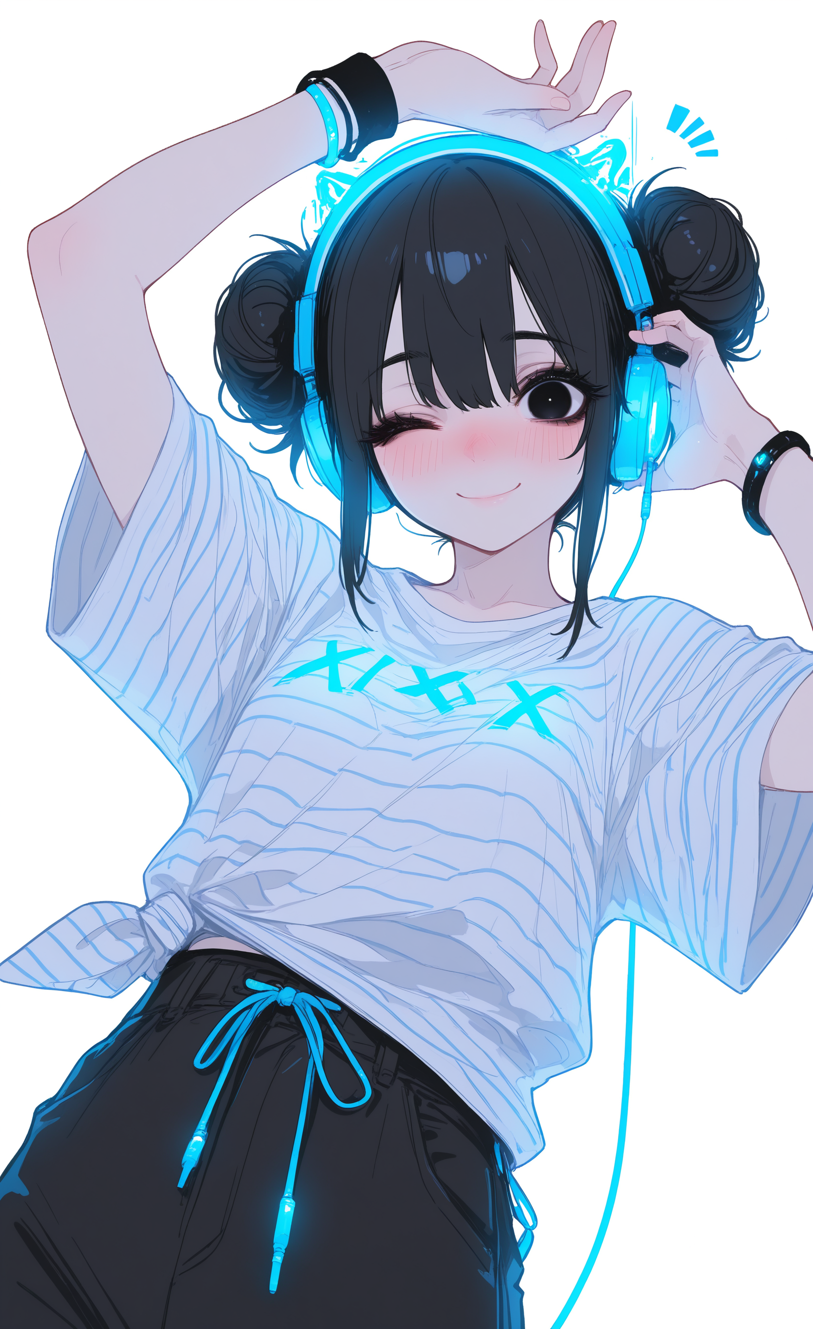 masterpiece, best quality, good quality, newest, highres, absurdres, 1girl, solo, looking at viewer, blush, smile, simple background, shirt, black hair, white background, closed mouth, jewelry, white shirt, upper body, short sleeves, cowboy shot, hairband, one eye closed, pants, striped clothes, hair bun, black eyes, arms up, bracelet, hands up, double bun, black pants, nose blush, headphones, t-shirt, ^^^, wristband, striped shirt, ;\), notice lines, cable, tied shirt, loose clothes, hand on headphones, hand on own ear, listening to music,
From Below, xxx667_illu, glowing, tfaix, <lora:illustriousXL_stabilizer_v1.23:0.3> <lora:NOOB_vp1_detailer_by_volnovik_v1:0.3> <lora:ponyv6_noobE11_2_adamW-000017:0.3> <lora:XXX667:0.75> <lora:tenebriflora-wai:0.6>