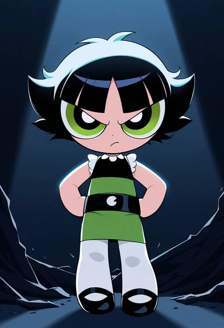 <lora:Powerpuff_Girls-000037:0.8>, 
buttercup \(ppg\), chibi,
black hair, short hair, green eyes, 
expressive eyes,
cold color, volumetric lighting,
BREAk, Cartoon,
green dress, black belt, 
white pantyhose, black shoes,
dark room, 
looking at viewer,
full body, 
1girl,solo,
Annoyed,